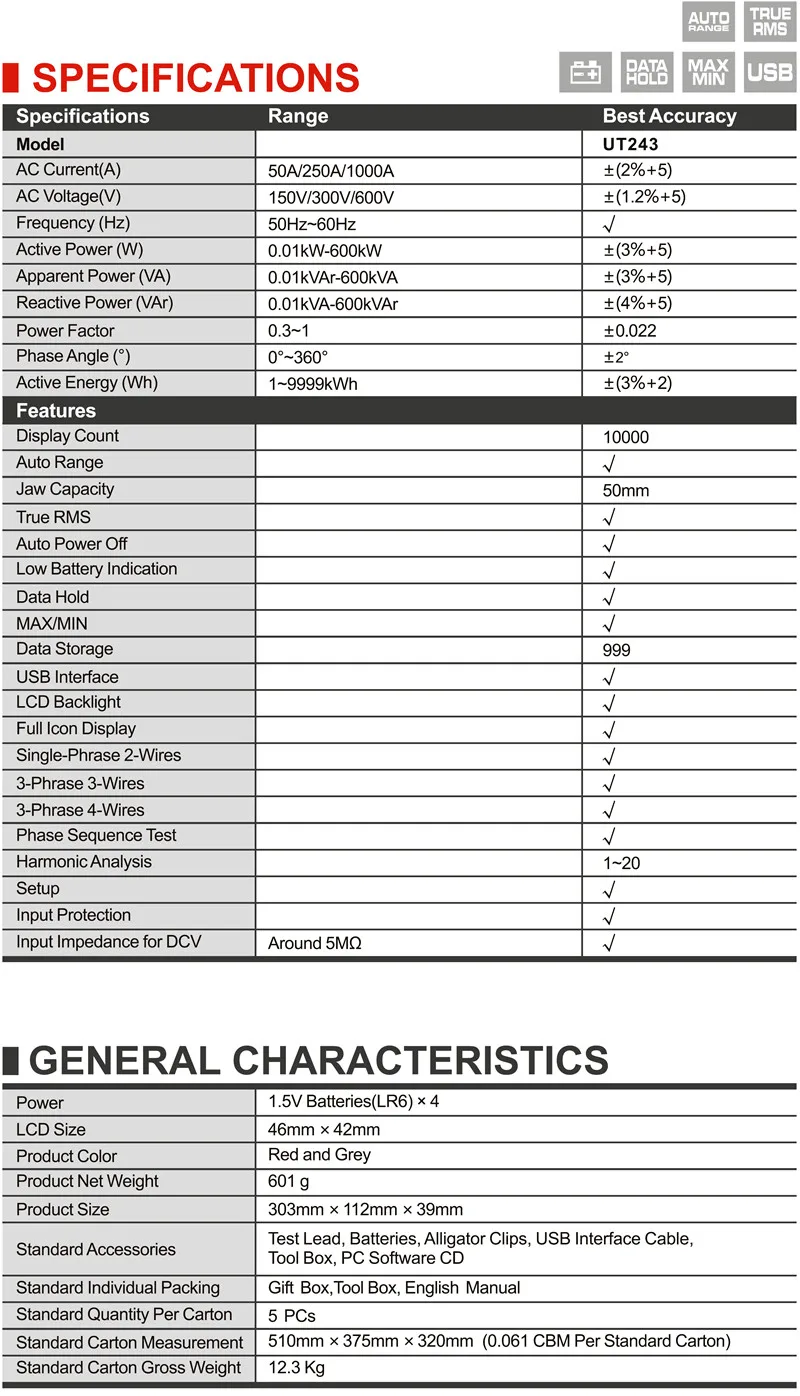 UNI-T UT243 мощность и гармоники клещи; True RMS зажим измеритель мощности, хранения данных, USB передачи данных/ЖК-подсветка