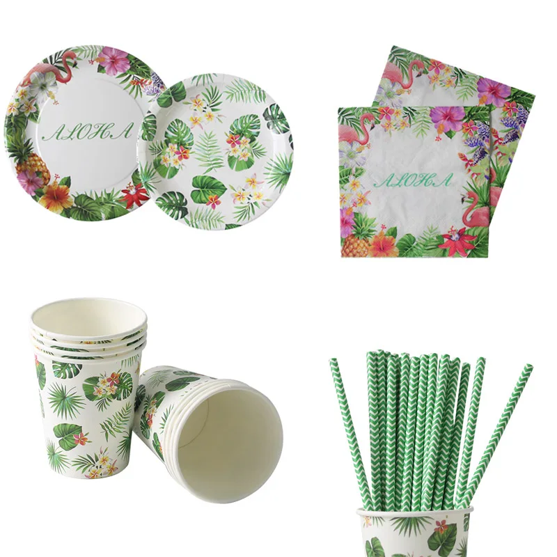 

Tropical Party Decoration Cups Plate Tableware "ALOHA" Hawaii Beach Wedding/Hen Party Table Decor Palm Leaf Accessories Supplies