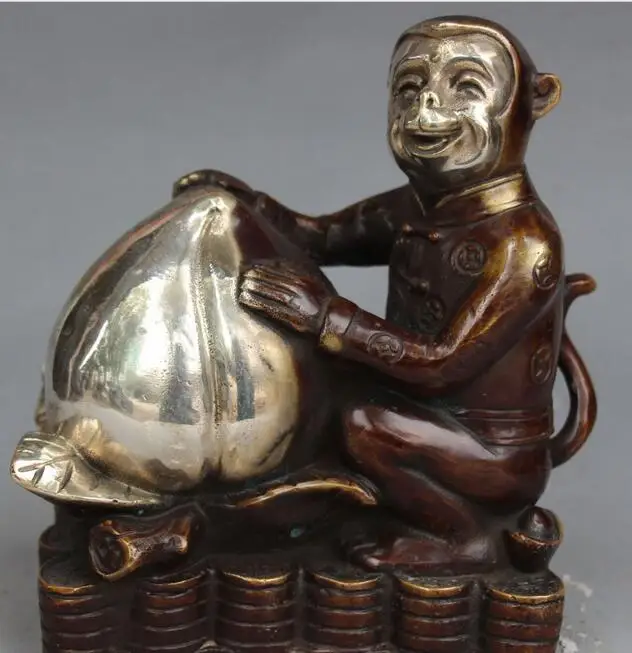 

7" China Feng shui Bronze Silver Wealth Peach Money Animal Monkey Monkeys Statue