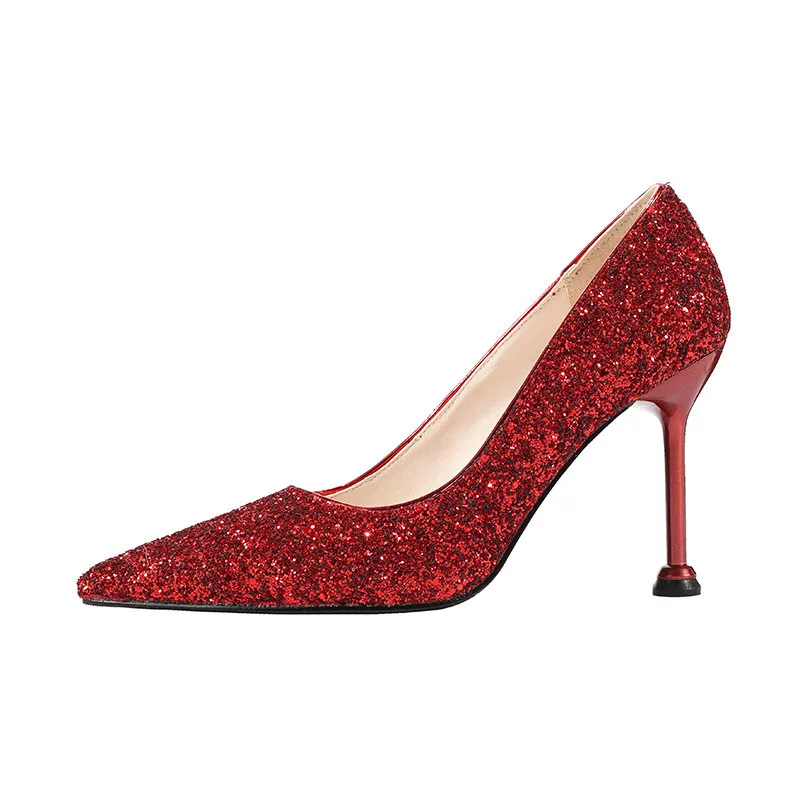 

2019 spring and autumn pointed stiletto high-heeled nightclub sexy slim sequined women's shoes red 0510