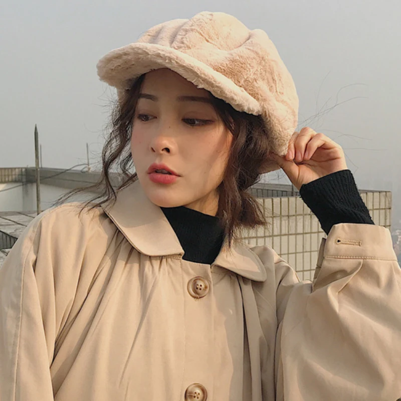 Baratos HT2209 Otoño Invierno mujeres sombreros suave lana de piel boinas para mujeres liso octogonal Newsboy gorras Vintage artista pintor mujeres Cap