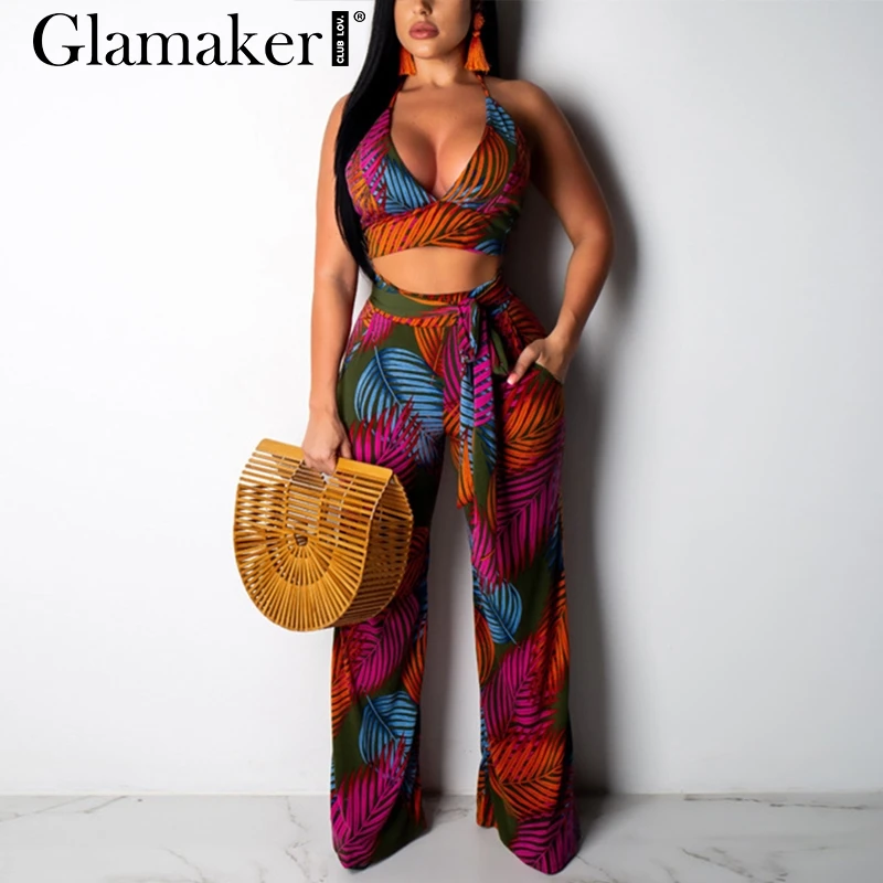 

Glamaker Sexy plus size halter long jumpsuit Women two piece suit wild leg jump suit romper Female summer slim backless overalls