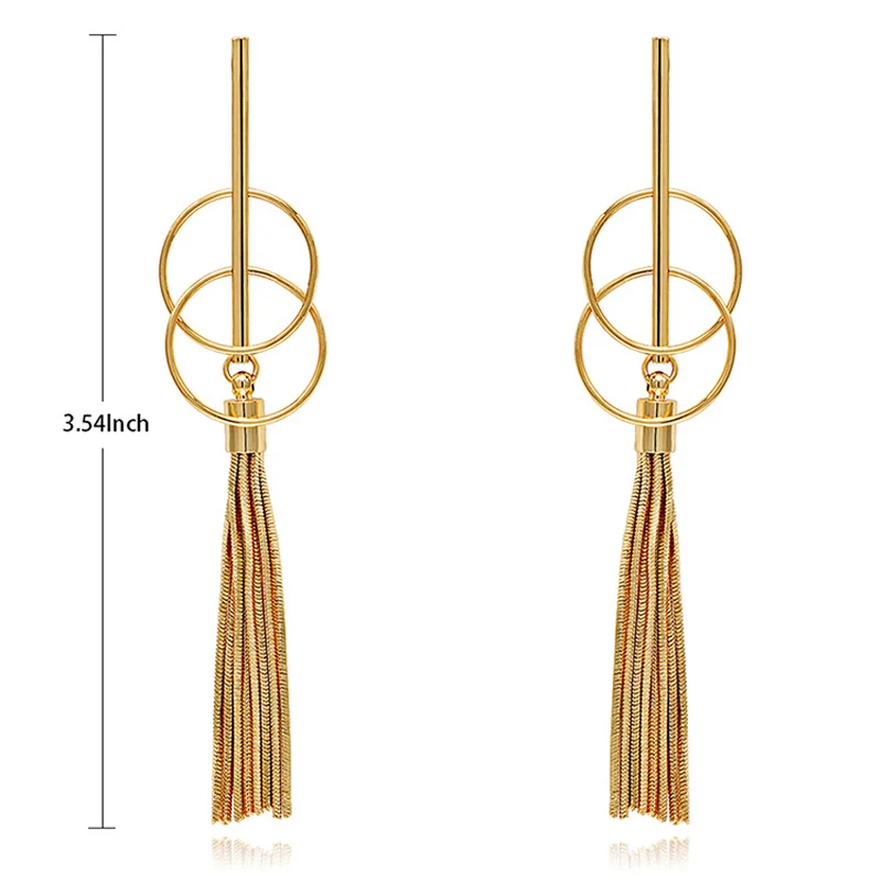 Women Gift Gold Plated Filled Jewelry Brand Ombre Tassel Earrings Long Chain Geometry Circle Drop Dangle Tassel Stud Earrings  (1)