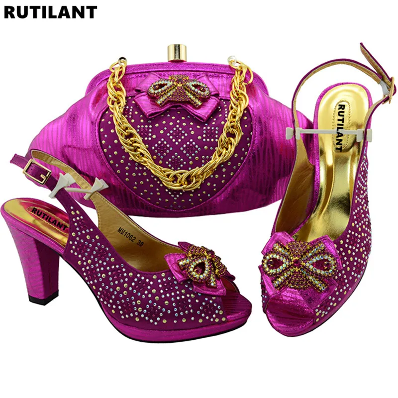 Новинка, итальянская обувь и сумка в комплекте, высокое качество, золотой итальянский комплект из обуви и сумки, нигерийские женские свадебные туфли и сумочка в комплекте - Цвет: Fuchsia