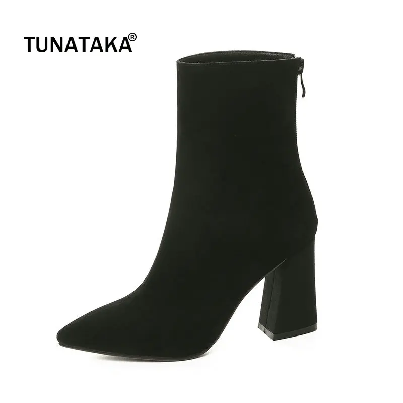 

Suede Hoof High Heel Back Zipper Woman Ankle Boots Fashion Pointed Toe Party Boots Ladies Black