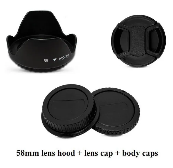 4in1 52MM Center Pinch Lens Cap + Flower Lens Hood + Camera Body & Rear