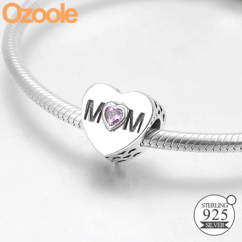 

Authentic 925 Sterling Silver Heart Hollow MOM Pink CZ Charm Bead Fit European Original Pandora Bracelets Women Jewelry DIY Gift