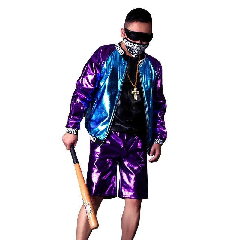Por Púrpura Hombre jacket Abrigo Hop Hip Encargo Azul Shorts Streetwear Casual Hombres Chaqueta Trajes Empalme Etapa Pu Moda HvfwHqYrx