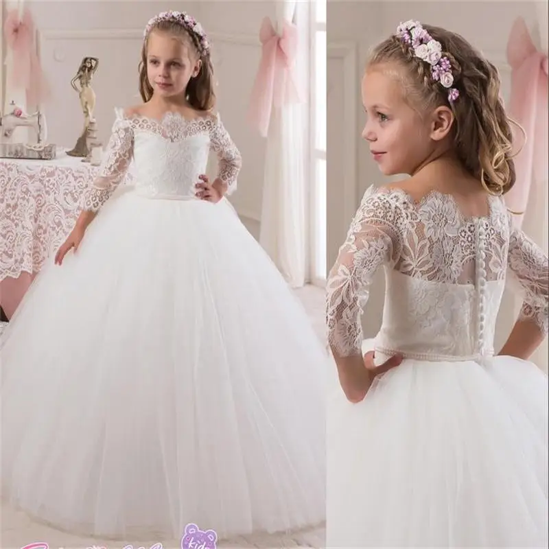 New 2017 Cheap Princess White Lace Flower Girls Dress Long Sleeve Girls Formal Holly Communion