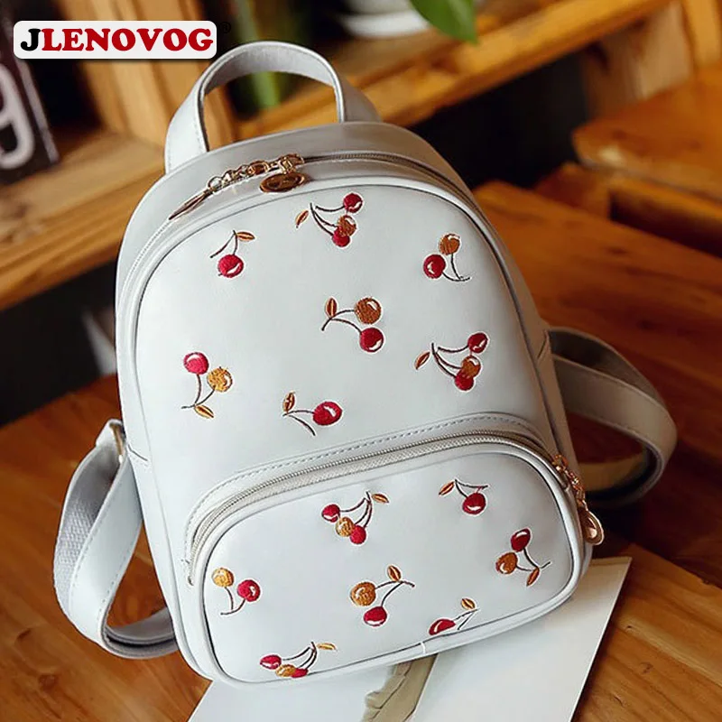 

Soft Leather Mini Rucksack Girls Kawaii Black Pink Cherry Fruit Embroidered backpack Teen School Bag Cute Grey Casual Daypack