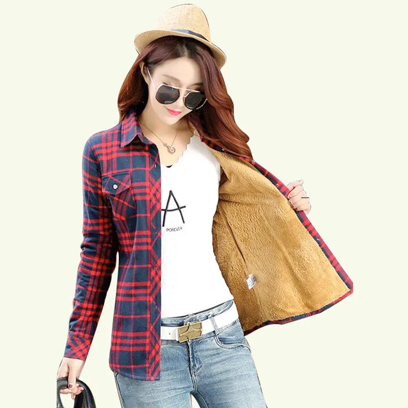 

Autumn Cashmere Thick Warm Long Sleeve Women's Plaid Shirt Winter Female Button Pocket Blouse of Large Sizes Women Fashion Tops