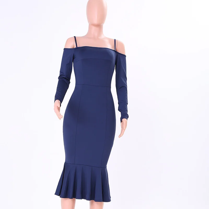 Kostlich Spaghetti Strap Long Sleeve Ruffles Mermaid Party Dresses Slash neck Bodycon Sexy Women Midi Dress 6 Colors Clothing (12)