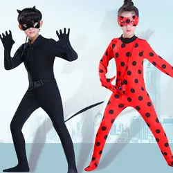 Мальчиков Lady bug костюмы, дети Disfraz Божья коровка Кот Нуар Косплэй костюм с маской уха маринетт маскарадный парик Дети подарок для девочек