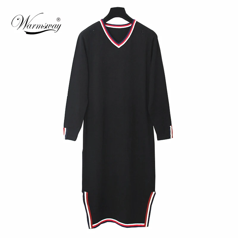 Black Colors Autumn Winter 2017 Elegant Women Casual Long Split Dress Contrast piping V Neck Loose Knit Swater Vestidos WS-074