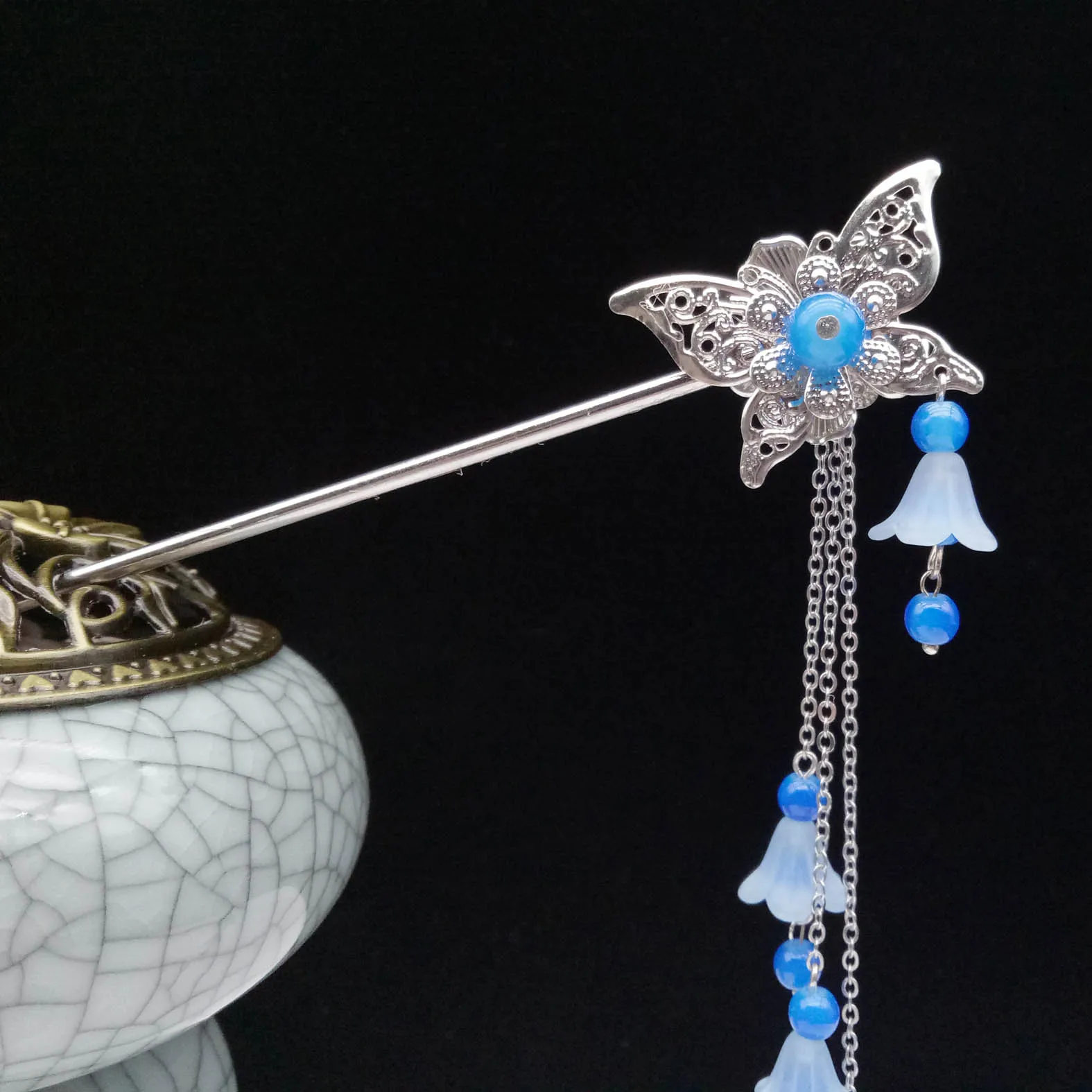 Blue Винтажные Серебряные Китайские Этнические палочки для волос с бабочкой и подвеской в виде цветка для женщин, свадебные украшения для волос, аксессуары для свадебной вечеринки - Окраска металла: Blue