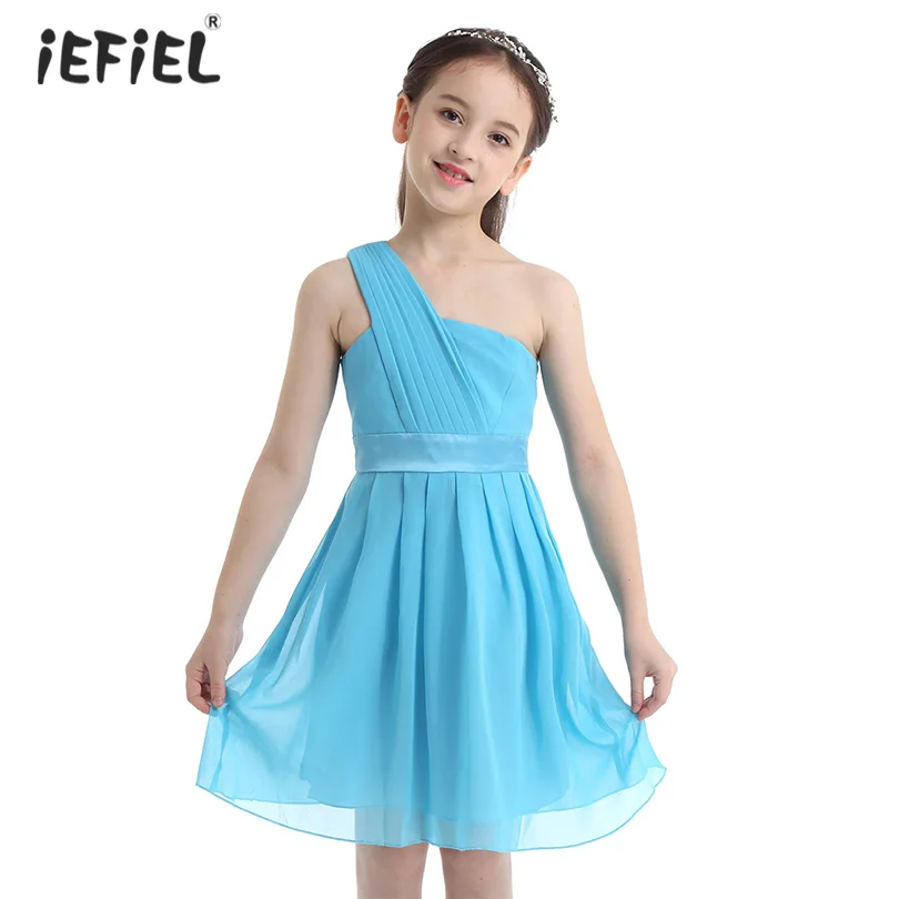 Kids Girls Pleated Chiffon One-shoulder Flower Girl Dress Princess Pageant Wedding Cutout Back Birthday Party SZ 4-14 | Детская одежда