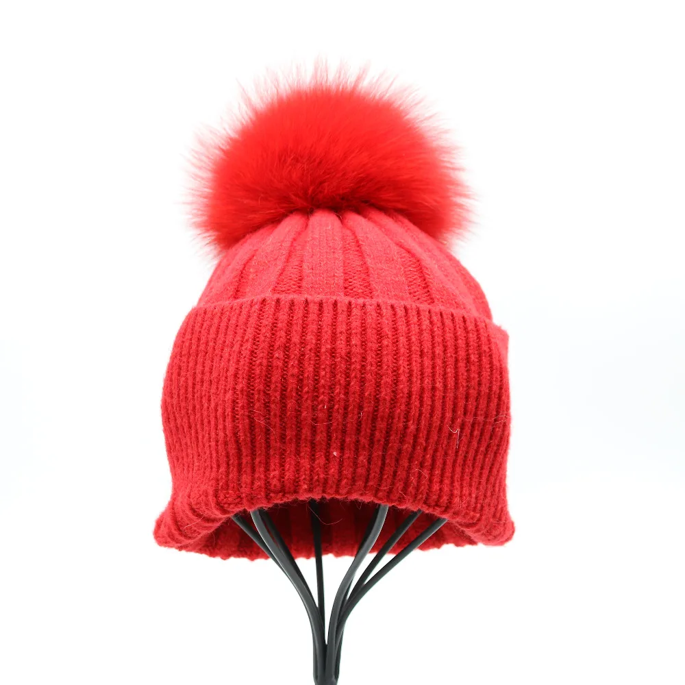 

NEW Autumn and winter removable pompom knitted hat for up to age 2 and adult women girls hat with real fur