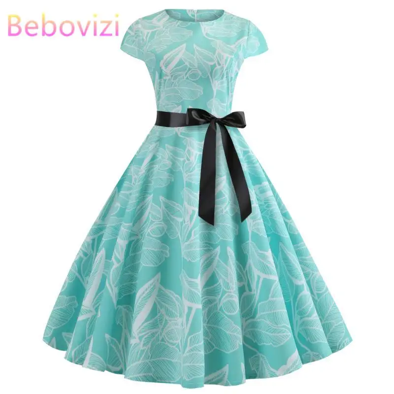 

Bebovizi Women 2019 Summer New Style Flower Print A-Line Casual Office Elegant Short Vestidos Vintage Plus Size Bandage Dress