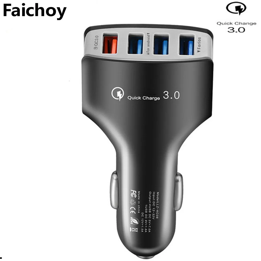 Faichoy 4 порта Переходник USB для зарядки в машине с кабелем Универсальный QC3.0 автомобильное зарядное устройство мобильный телефон автомобильное зарядное устройство для iPhone samsung huawei - Тип штекера: Black  Not  Cable