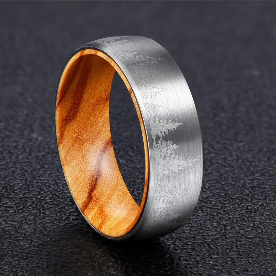 Carvort 8 мм вольфрамовое кольцо Lased лесной пейзаж мужская Матовая обручальное кольцо с Оливер деревянный рукав