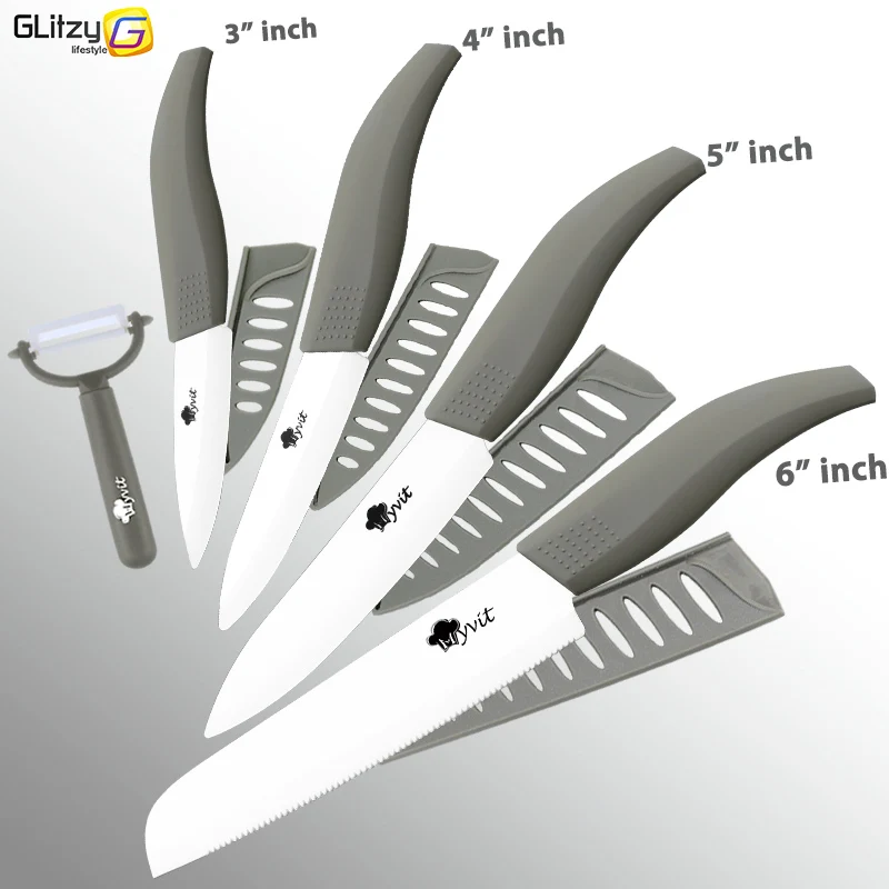 Керамический нож с белым лезвием циркония 3, 4, 5 дюймов+ 6 дюймов, кухонный нож для хлеба с зубцами+ Овощечистка, набор поварских ножей для приготовления фруктов - Цвет: 3456INCH GREY