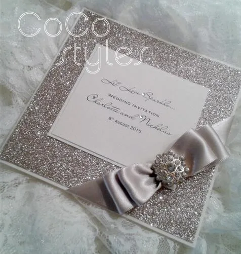  Cocostyles customized elegant glitter invitation card with brooch and ribbon for fantasy wedding in - 32890337548