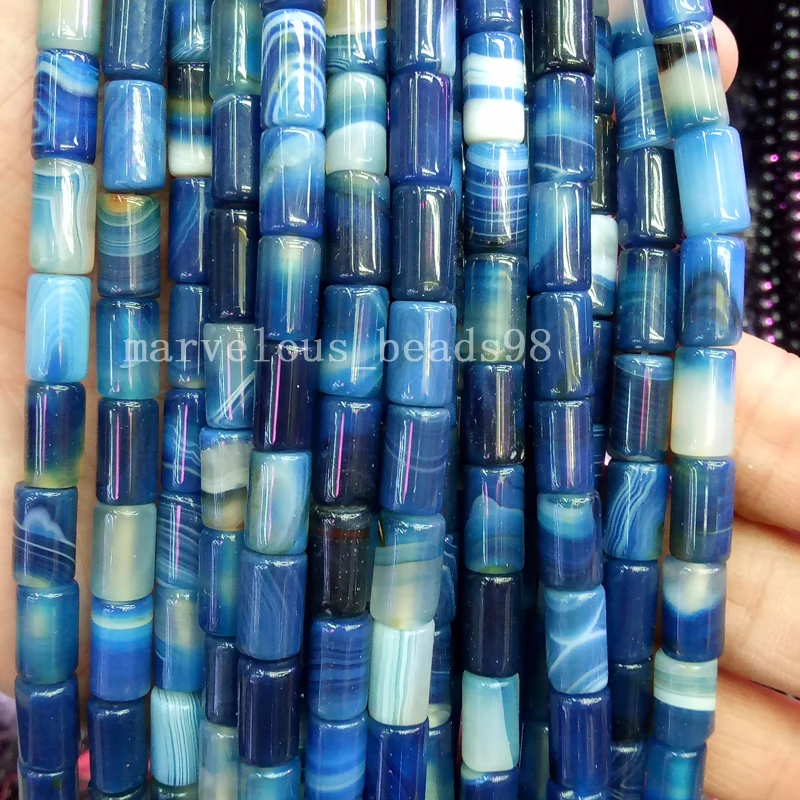 

Free Shipping Beautiful jewelry 8x12mm Blue Stripe Carnelian Column Art Loose Beads 15.5" G6921