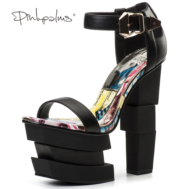 Pink Palms summer shoes high heels sandals women black platform sandals strange square heel open toe sandals big size sandals