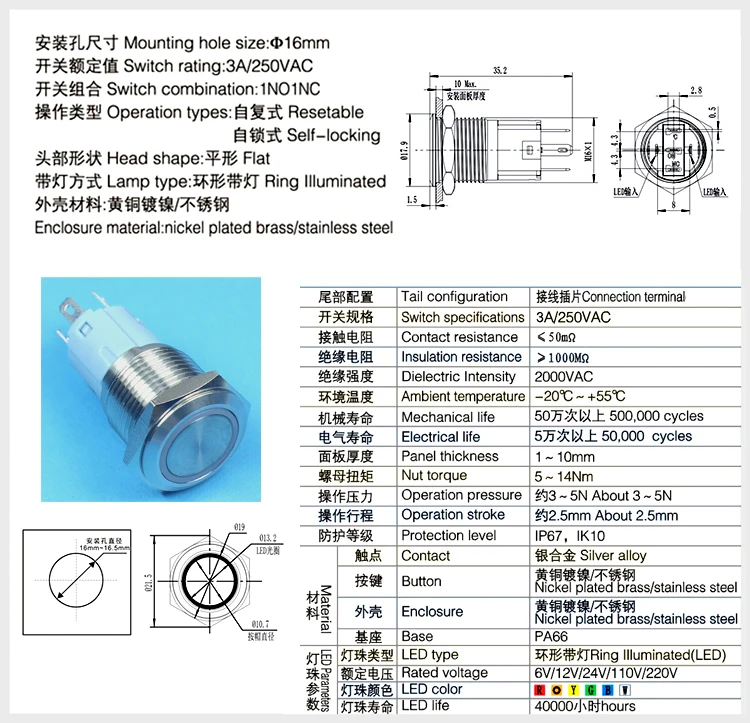 16309F светящееся кольцо led Мгновенный 16 мм Электрический переключатель 1NO1NC Современная Электрическая нажимная кнопка переключатель