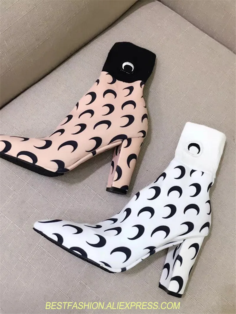 

White Pink Women Boots Stretch Fabrics Mid Calf Boots Spring Autumn Shoes Thick High Heels Pointed Toe Fashion Ladies Sock Boots