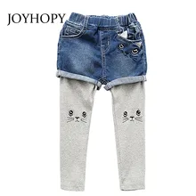 False two-piece Cat Embroidery Kids Jeans Spring Autumn High Quality Patchwork Children Pants Casual trouses Baby Girls Jeans