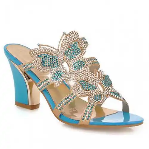 Большие размеры 34-43 и выше, модная женская обувь Стразы с принтом бабочки на высоком каблуке Летняя обувь с вырезами; женские сандалии с открытым носком - Цвет: Синий