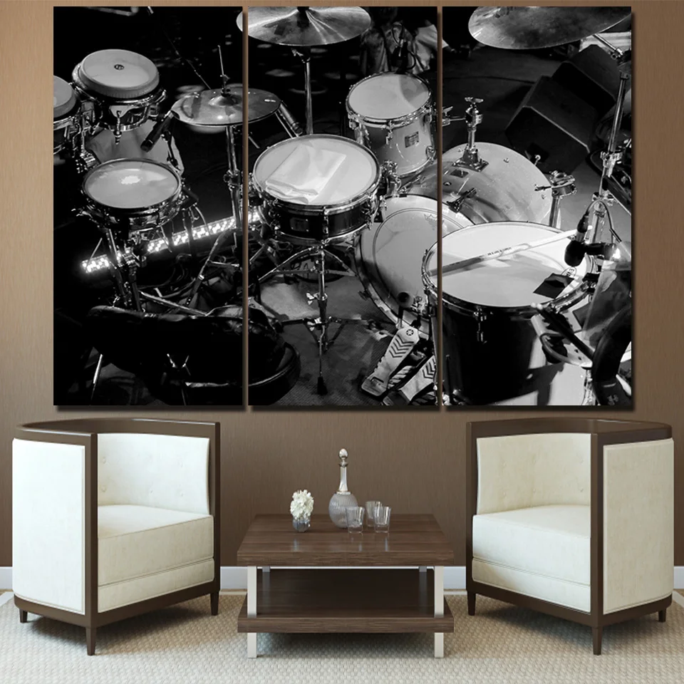 

Canvas HD Printed Pictures Frame Living Room Decor Wall Art Black White Drums Paintings 3 Pieces Music Instrument Poster PENGDA