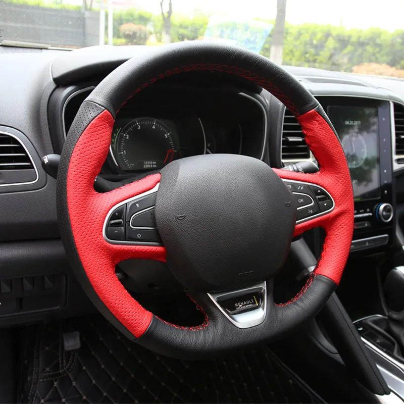 

Red and brown in black Leather Steering Wheel Cover for Renault Kadjar Koleos Megane Talisman Scenic 2016 2017 2018