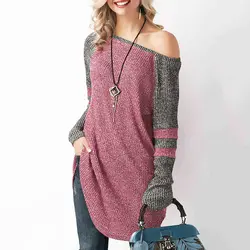 Осень 2019 г. Новые модные женские туфли вязаный свитер с открытыми плечами с длинными рукавами объединённый цветной Трикотаж пуловер