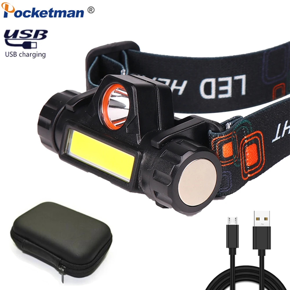 

New USB Rechargeable Headlight Powerful XPE+COB Headlamp Head Torch IPX6 Waterproof Head Light with 1200mAn Built-in Battery