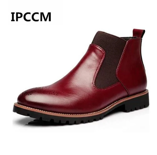 

IPCCM Spring/Winter Fur Men Chelsea Boots British Style Fashion Ankle Boots Black/Brown/Red Brogues Soft Leather Casual Shoes