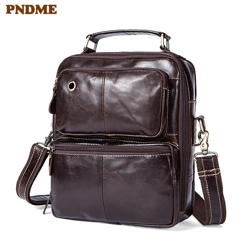 

PNDME retro first layer cowhide men's shoulder bag casual outdoor genuine leather USB daily messenger bags multi pocket handbag