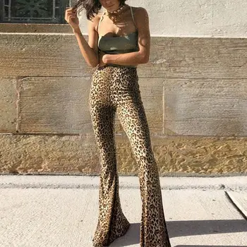 

Women Leopard High Waist High Street Skinny Full Length Flare Pants Bottom Trousers 2018 Autumn Winter Elastic Waist Pants