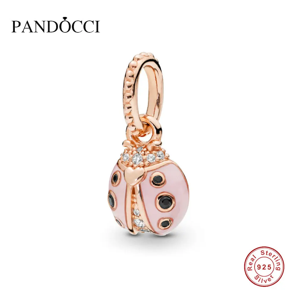 

PANDOCCI 925 Sterling Silver Rose Lucky Pink Ladybird Necklace Pendant Fit Original Bangle Bracelet DIY Jewelry 2019 Spring