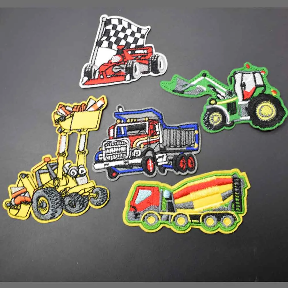 

Cartoon Excavator Concrete Mxier Truck Fire Truck Engine Iron on Embroidered Embroidery Clothes Patch For Clothing Boys