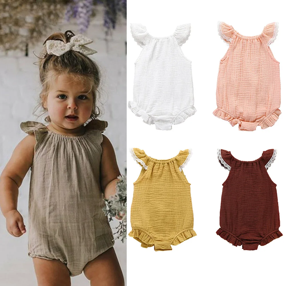 

CYSINCOS Newborn Kid Boys Girls Ruffle Sleeve Romper Baby Jumpsuit Sunsuit Summer New Cotton And Linen Lace Romper For Baby Girl