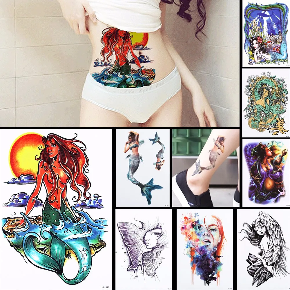 8 Pieces Mermaid Pattern Design Leg Body Art Tattoo Sticker Temporary Dragon Feather Decal Waterproof Tattoo Sticker Women HB#46 (1)