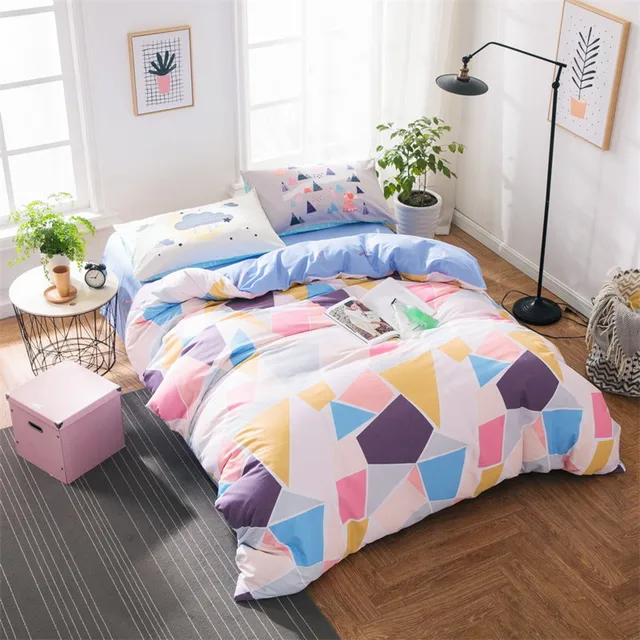 simple cartoon style cotton bedding set colorful geometric stitching geometric bed sheets