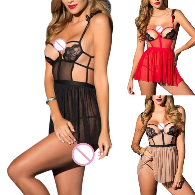 Womens Open Cup Babydoll Lingerie Mesh Dress Spaghetti Strap Floral Lace Patchwork Sheer Nightwear Strappy Bandage Backless Deep