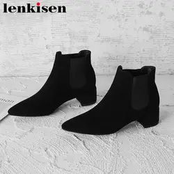 Lenkisen в британском стиле Классические Челси сапоги без шнуровки с острым носком thiick на среднем каблуке раскаты красота леди зимняя модная