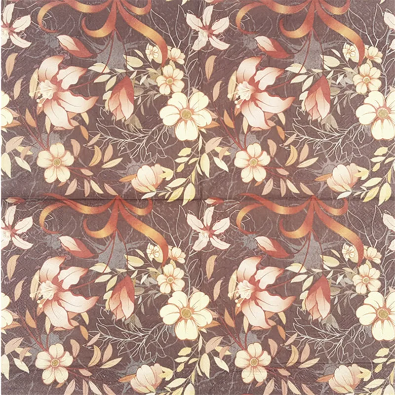 

Vintage Decoupage Paper Napkin brown tissue gold flower wedding party festive print floral towel decoration Guardanapo serviette