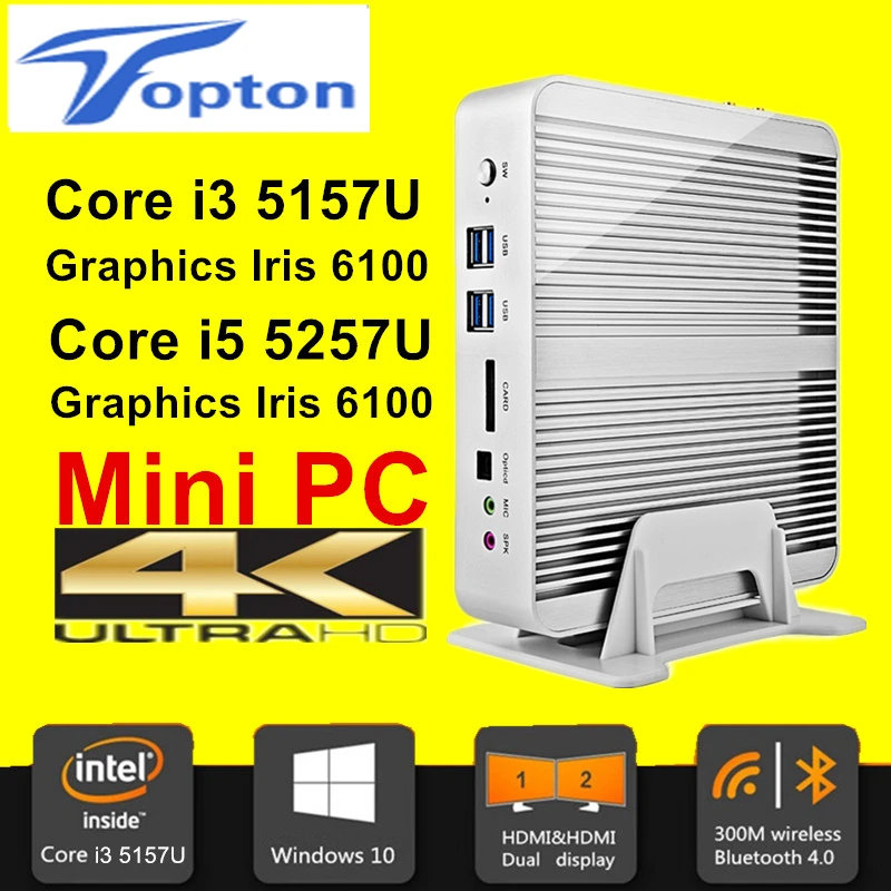 Broadwell PC Win10 Fanless Mini PC Core i5 5257U i5 4258U i3 5157U 4K HTPC Graphics Iris 6100 5100 2 Lan 2 HDMI 300M Wifi