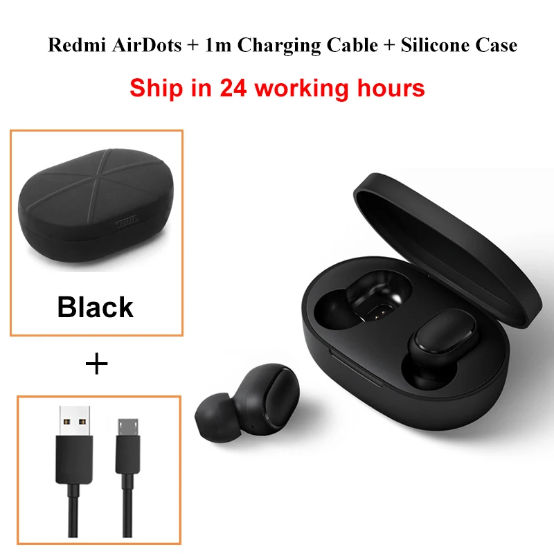 Add Cable n Case BK Оригинальные беспроводные наушники Xiaomi Redmi AirDots, Bluetooth 5,0, DSP, активная гарнитура с шумоподавлением TWSEJ04LS 4,1g - Цвет: Add Cable n Case BK