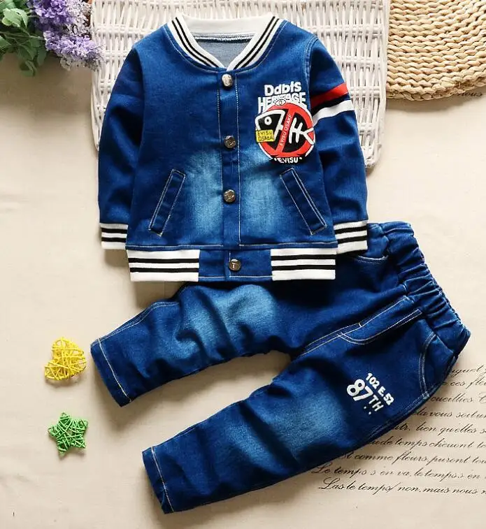 

BibiCola spring autumn children clothes set boys casual denim suit tops+pants 2pcs for boys kids cartoon sport sets boys clothes